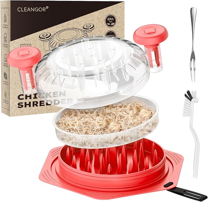 Cleangor Chicken Shredder Tool Twist Large, BPA Free Meat Shredder with Ergonomic Handle, Non-Slip Food Shredder Tool for Pork, Beef, Set of Chicken Breast Shredder with Brush & Fork (1, Red)