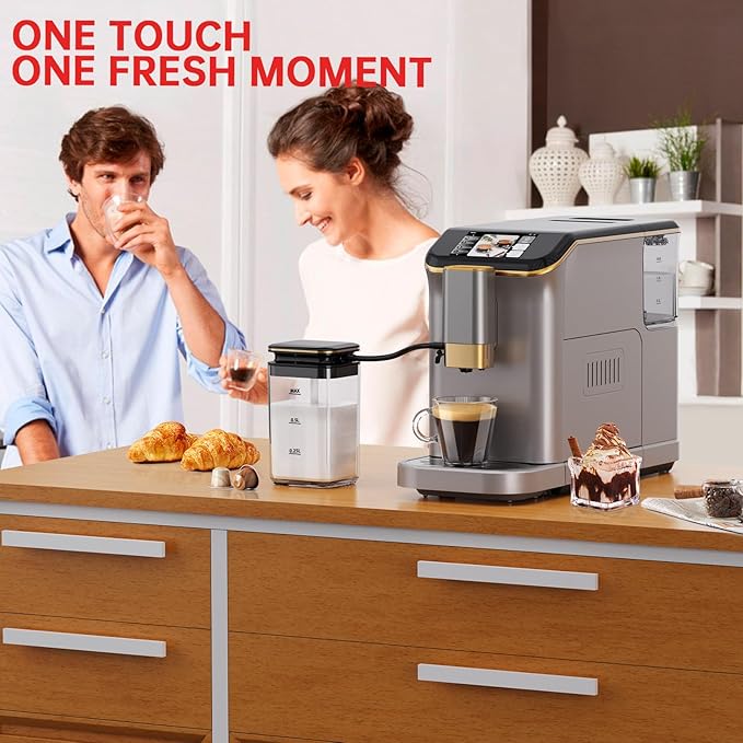 PioneerWorks Full Automatic Espresso Machine with Built-In Grinder & Milk Frother - FTF Touchscreen Coffee Maker for Latte/Cappuccino, 20 Bar Pressur & 1.5L Water Tank, 1350W, Gold