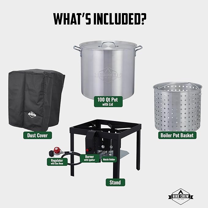Hike Crew 100QT Outdoor Boiling Kit with Igniter| 110,000 BTU Seafood Boiler Set for Steaming or Cooking Fish, Crawfish, Crab & More | Includes Pot, Lid, Strainer, Burner Stand and Storage Cover