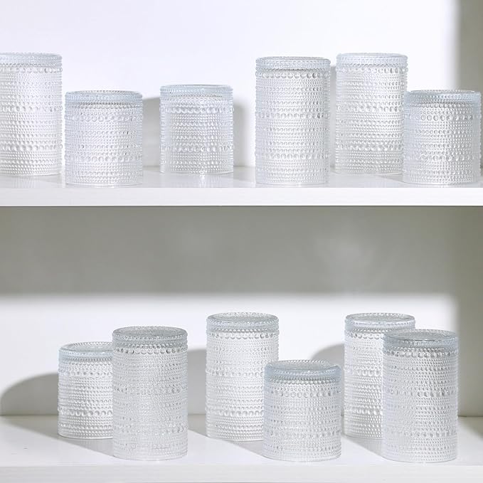 Moretoes Hobnail Drinking Glasses Set of 16, 12 Oz Highball Glasses & 10 Oz Cocktail Glasses, Clear Embossed Boho Glass Cups Kitchen Bar Tumbler Glassware Set for Whiskey, Beer, Juice, Milk (Clear)