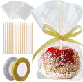 200 Pack Candy Apple Caramel Apple Sticks and Bags,100 Bags,100 Sticks, 50 Yard Gold and Silver Glitter Ribbon Caramel Apple Making kit