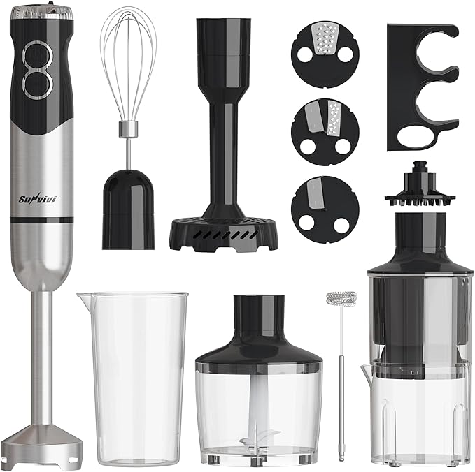 Sunvivi Cordless Hand Blender: 1000W 12-Speed Electric Stick Mixer with 10 Accessories, 600ML Chopper, Whisk, Milk Frother for Smoothie, Soup, Puree, Immersion Blender Set, Black