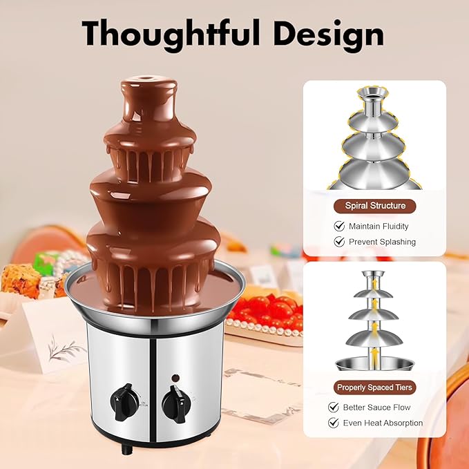 "Classic" Home Chocolate Fountain, 4 Tier Heated Chocolate Gountain Party Dark Dipping Chocolate Electric Fondue Machine for Party, Wedding, Events (4 Tier Sliver Chocolate Fountain)
