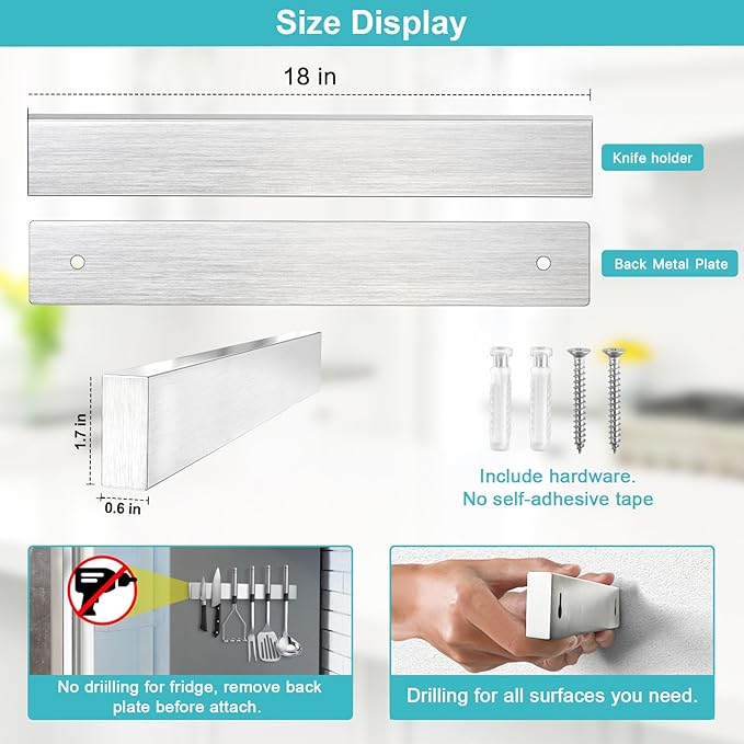 Magnetic Knife Holder for Wall 18 Inch Knife Magnetic Strip Refrigerator Knife Magnet Bar Wall Mount Knife Rack for RV Kitchen Utensil Holder Metal Tool Holder Knife Block for Kitchen Organization