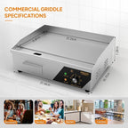 Bonnlo 22 Inch 1600W Commercial Griddle with Stainless Steel Countertop, Flat Griddle, 122-572℉ Adjustable Temp Control of Electric Flat Top Grill for Cheese 、Steak and Egg Indoor and Restaurant