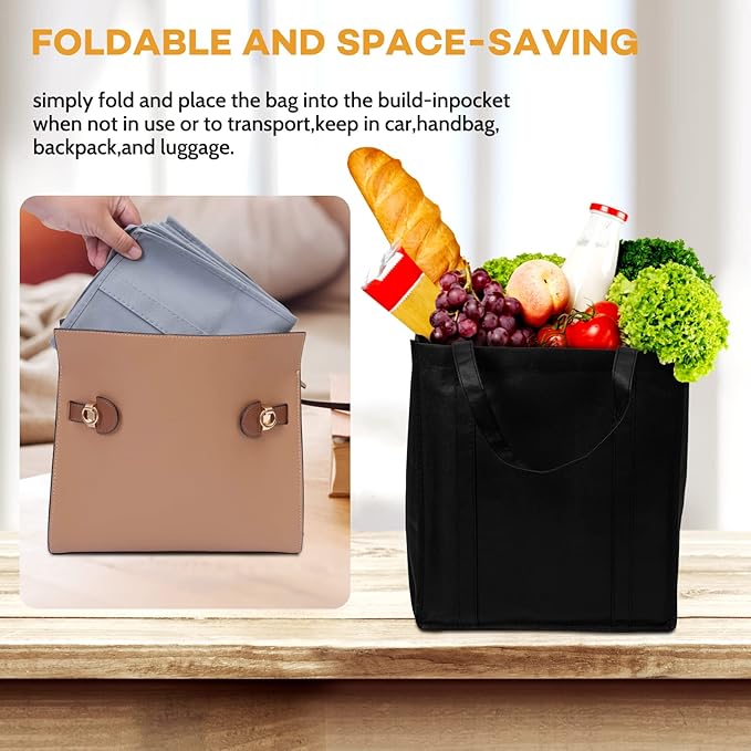 JERIA 24-Pack Reusable Grocery Bags，Large Washable Foldable Shopping Bags，Heavy Duty Tote Bags with Reinforced Handles