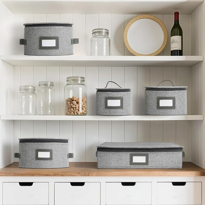 HOMELUX THEORY Hard Shell China Storage Containers, 6pc LightGray Mug & Plate Storage Box, Kitchen Storage Bins W/Lids, Heavy Duty Moving Box with Handles for Dishes, Glassware, Stemware, Cup & Mug