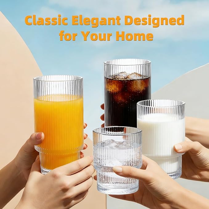 Drinking Glasses Set of 4, 16oz Glass Cups & 7oz Glasses Drinking Set, Stackable Drinkware Set, Vintage Glassware for Iced Coffee, Whiskey, Juice, Cocktail