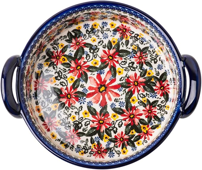Red Daisy Flower Vintage Style Ceramic Bakeware Casserole Dish Baking Pan Lasagna Pans Baking Dish with Handles for Oven/Cooking/Kitchen-1 PCS, 32 OZ