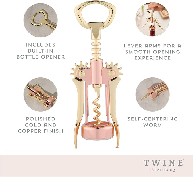 Twine Winged Corkscrew Wine Opener, Versatile Bottle Opener for Beer and Soft Drinks, Stainless Steel with Ergonomic Handle and Sharp Screw for Bartenders, Home Bar, Kitchen, Set of 1, Copper and Gold