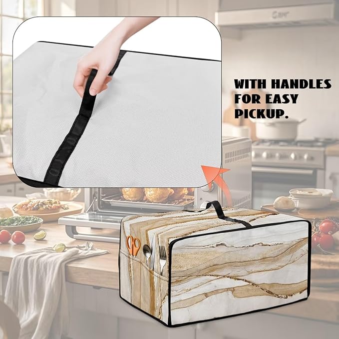 Marble Print Toaster Oven Cover, Heavy-Duty Dust Shield Kitchen Decorative Countertop Oven Protector, Microwave Air Fryer Cover, Light Gold White, (Small-14.5*18.46*9 inches)