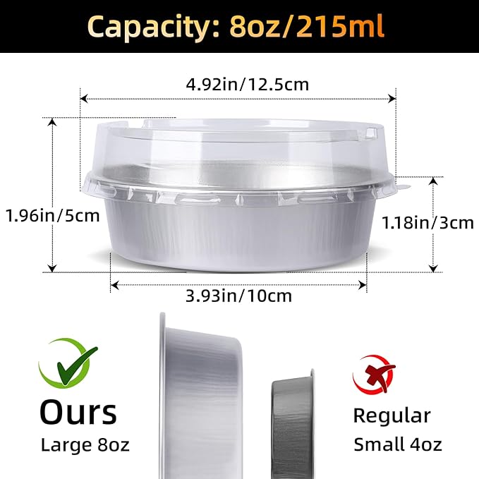 Beasea Mini Ramekins with Lids, 50 Pack 4 Inch 8oz Disposable Aluminum Foil Cake Baking Tins Pans Creme Brulee Tart Pie Tins Silver Small Individual Round Containers Oven Safe for Baking