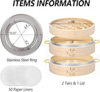 MacaRio Bamboo Steamer Basket Set 10 inch Steamer for Cooking, with Side Handles, Ring Adapter, Paper Liners, for Dim Sum Dumplings Buns Seafoods Vegetables Rice Asian Foods