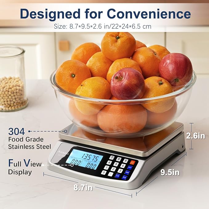 Atogou 66lb Food Scale, Commercial Kitchen Scale with Price Computing, Plug-in Usable, 0.05oz/1g, 304 Stainless Steel, for Cooking, Vegetables, Farm, Industry, Counting. LC300 Silver