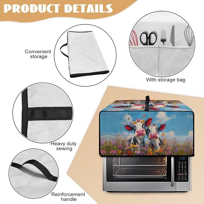 Cow Butterfly Flower Print Toaster Oven Cover, Dust-proof Heat-resistant Air Fryer Cover with Accessory Pockets, Kitchen Small Appliance Protector, (Medium-16.1*19.71*10 inches)