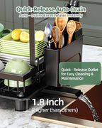 Dish Drying Rack, 2 Tier Space-Saving Dish Rack, Multifunctional Dish Drainer for Kitchen Counter with Drainboard/Utensil/Cup Holder Rustproof Carbon Steel, Black