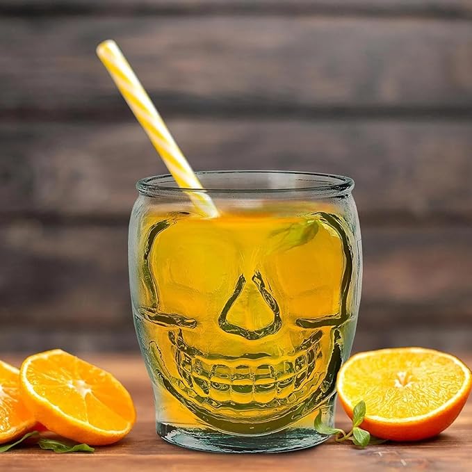 COURONNE CO. Clear Recycled Drinking Glass Tumbler, Perfect for Cocktails, Refreshments & Everyday Use, Restaurant Grade, Crafted without lead-based materials (15.2 Oz, Sugar Skull)