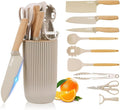 Knife Set, 10 Pieces Professional Kitchen Knife Set with Universal Knife Block, Non-stick Heat Resistan Kitchen Tools and Gadgets with Wooden Handle (Khaki)
