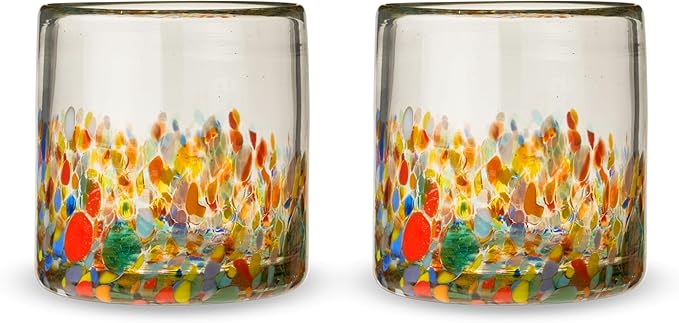 Twine Segunda Vida Artistico 100% Recycled Glassware Tumblers, Hand Blown Cocktail Glasses for Dinner Party, Icon Glasses Gifts, Stemless Margarita Mexican Glassware, Set of 2, 13 oz, Multicolor