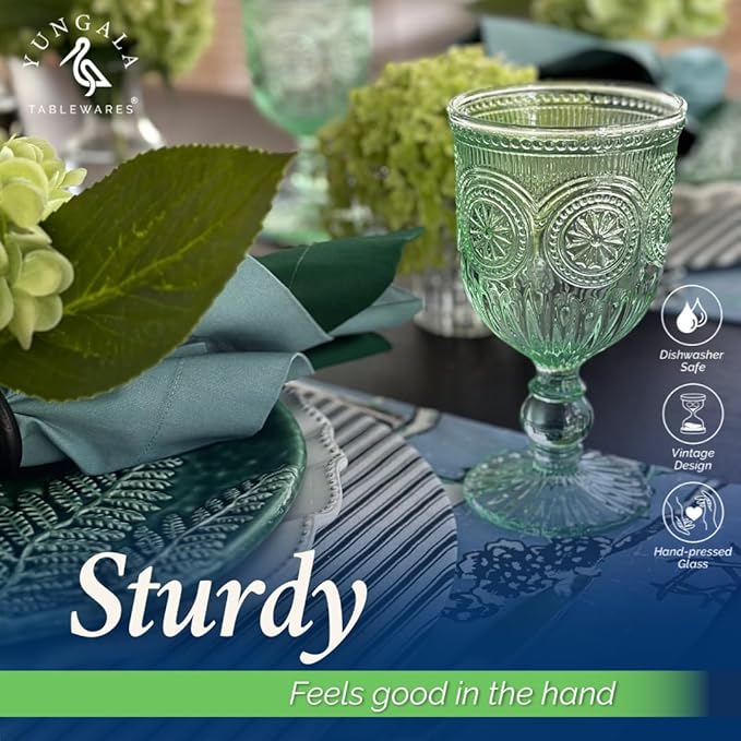 Yungala Green Wine Glasses Set of 6 Vintage Hobnail Goblets 10 oz Dishwasher Safe