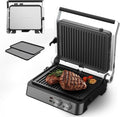 Panini Press,4 Slices Contact Grill with Removable Non-Stick Coated Grill and Flat Plates,Panini Makers with Temperature Control and Timer,Open 180 Degrees,Grill and Griddle (Silver wtih Full SUS)