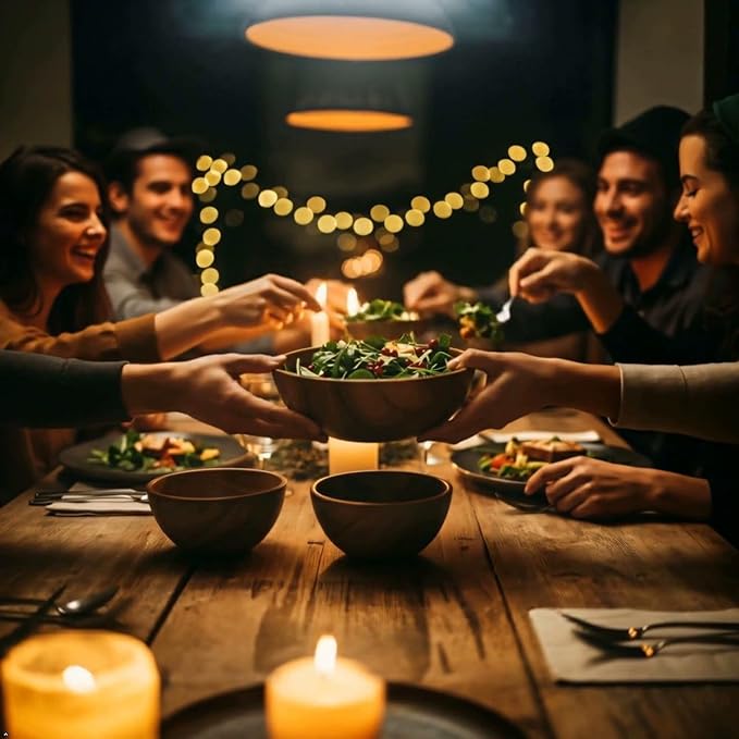 Acacia Wooden Salad Bowl Set – 9” Round Handcrafted Bowl with 2 Wood Servers, Rustic Durable Serveware for Salads, Fruit, Snacks & Everyday Dining, Gift-Ready Set of 3