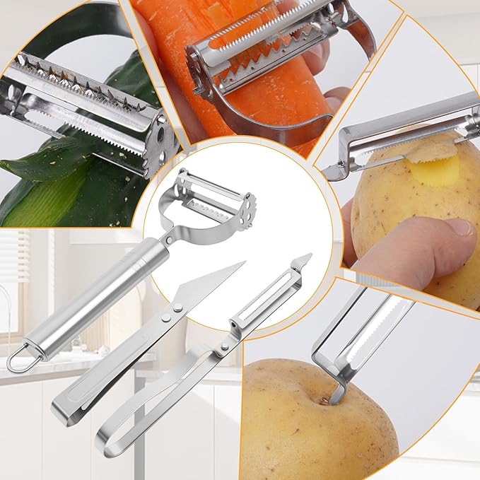 3-in-1 Vegetable Peeler - Ultra Sharp Slicer, Grater & Peeler with Ergonomic Design Grip for Effortless Peeling, Slicing and Grating for Fruit, Potatoes, Carrots, Apples