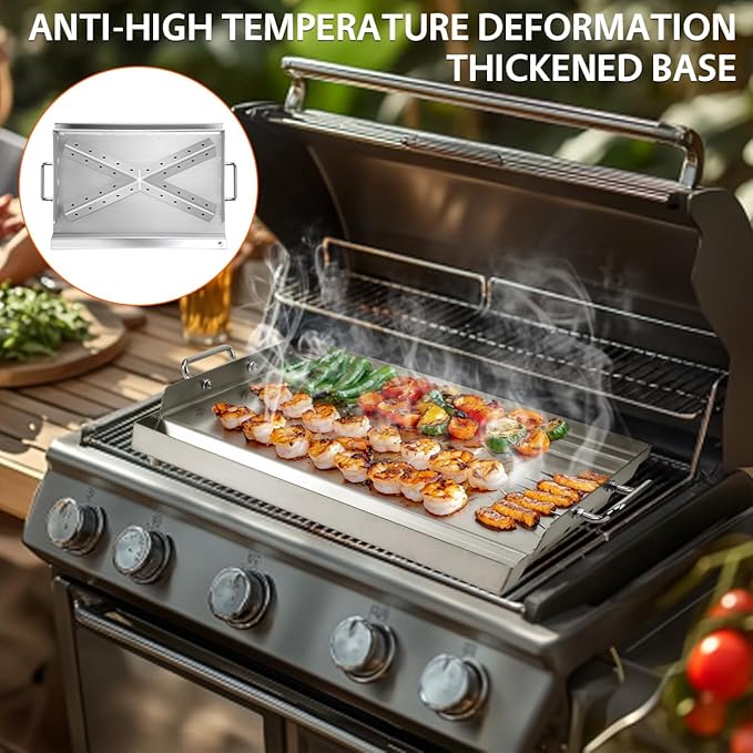 LotFun 32" x 15" Stainless Steel Cooking Griddle for Outdoor Gas Grill, Universal Griddle Flat Top Plate Insert with Grease Groove and Removable Handles for Electric/Charcoal/Gas Grill, Camping,Party