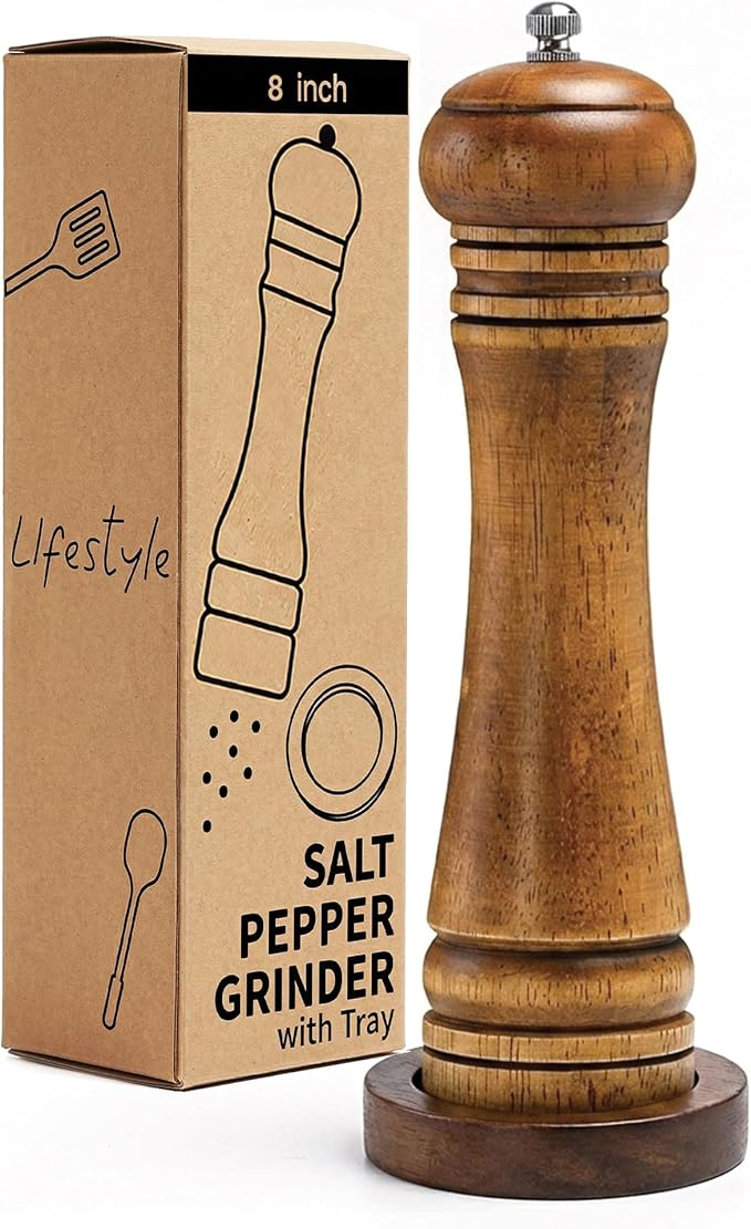 Wood Salt and Pepper Grinder, Salt Grinder and Pepper Mill, Oak Wood Shakers with Adjustable Ceramic Grinders (8″ - 1 Pack with Tray)