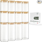 LIBWYS 12-Pack Square Glass Storage Jars with Bamboo Lids (0.6Qt/1.06Qt) - Stackable Food Containers for Pantry Organization, Coffee, Flour, Snacks, Tea | Kitchen Canisters Set