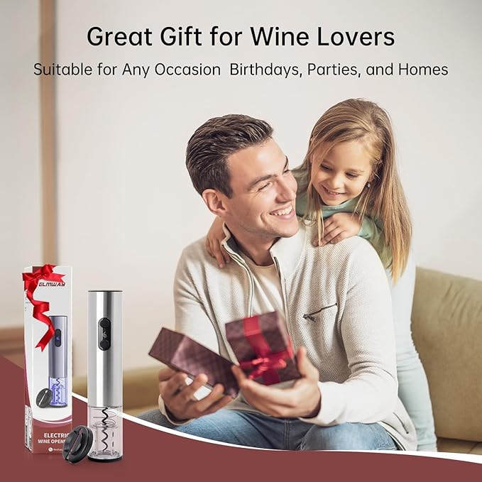 Rechargeable Wine Opener by ELMWAY, Electric Wine Bottle Opener with Foil Cutter, LED Light and Stainless Steel Shell, Cordless Corkscrew & Cork Remover, Gifts for Wine lover- Silver