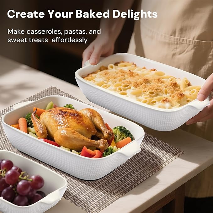 Ceramic Casserole Dishes Set of 3, Stoneware Baking Pans for Oven, Rectangular Lasagna Dish & Bakeware Set (14.7’’/12.4’’/10.3’’)
