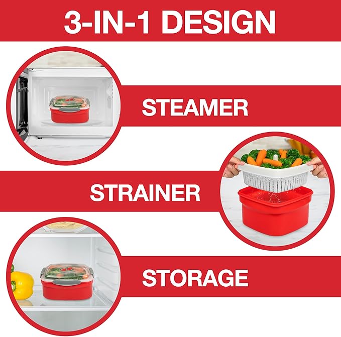 Microwave Food Steamer for Vegetables - 3 PC Microwavable Cooker with Storage- Cooking Made Easy- Removable Strainer Basket & Locking Steam Vent Lid - BPA Free, Fridge & Freezer Safe | 1.3 Liters