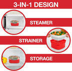 Microwave Food Steamer for Vegetables - 3 PC Microwavable Cooker with Storage- Cooking Made Easy- Removable Strainer Basket & Locking Steam Vent Lid - BPA Free, Fridge & Freezer Safe | 1.3 Liters