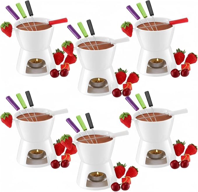 Mudder 6 Pieces Fondue Mug Ceramic Pot and 24 Pieces Forks Set for Melting Chocolate, Cheese, Broth or Tapas on Christmas Gift Valentine's Day(White)