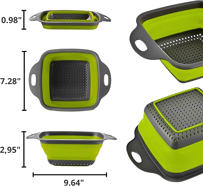 Square Collapsible Colander with Handles – Green Square Silicone Kitchen Strainers with Plastic Handles Foldable Kitchen Strainer Perfect for Draining Pasta Vegetable and Fruit Green