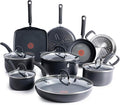 T-fal Ultimate Hard Anodized Nonstick Pots and Pans Set 14 Piece, Oven Broiler Safe 400F, Kitchen Cooking Set w/Fry Pans, Saucepans, Griddle, Dutch Oven, Dishwasher Safe, Cookware, Onyx