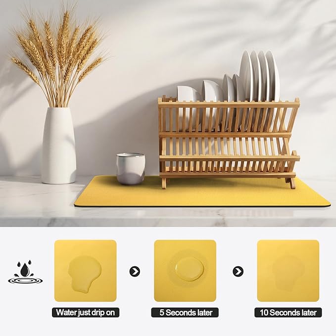 Ecotrim - Dish Drying Mat for Kitchen Counter | Coffee Bar Mat for Countertops | Heat Resistant Drainer Mat with Non-slip Rubber Backed | Hide Stain Kitchen Absorbent Draining Mat | Yellow 16"x20"
