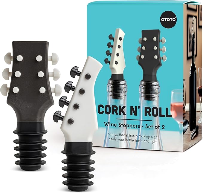 OTOTO Cork n' Roll Wine Stoppers – Set of 2, Bass & Guitar Shaped, Fun and Functional Wine Bottle Corks