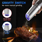 Gravity Electric Salt and Pepper Grinder Set, Adjustable Coarseness, Automatic Shakers Mill Grinder with LED Light, Upgraded Larger Capacity, One Hand Operated (Sliver 2 Pack)