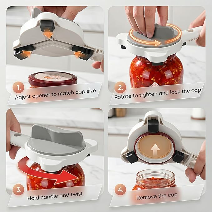 4-in-1 Adjustable Jar Opener for Weak Hands & Seniors — Ergonomic Non-Slip Handle, Multi-Size Lid Remover for Mason Jars, Bottles & Cans (Grey)