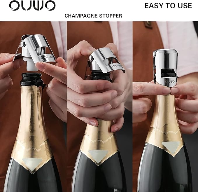 Champagne Stopper 6 Pack Stainless Steel Champagne Save with Food Grade Silicone, Leak-Proof Bubble Retaining Saver, Suitable for Champagne Prosecco Cava and Sparkling (Silver)