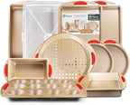 Perlli 10 Piece Baking Set - Nonstick Gold Steel Oven Bakeware With Silicone Handles, Cookie Sheets, Round Cake Pans, 9x13 Pan With Lid, Loaf Pan, Deep Pan, Pizza Crisper, Muffin Pan