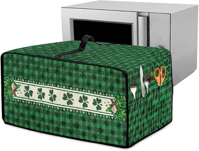 Shamrock Gnome Dog Print Toaster Oven Cover for St. Patrick's Day Decor, Checkered Pattern Microwave Cover for Kitchen Countertop Appliance Dust Protector Oven Accessories, Green, M