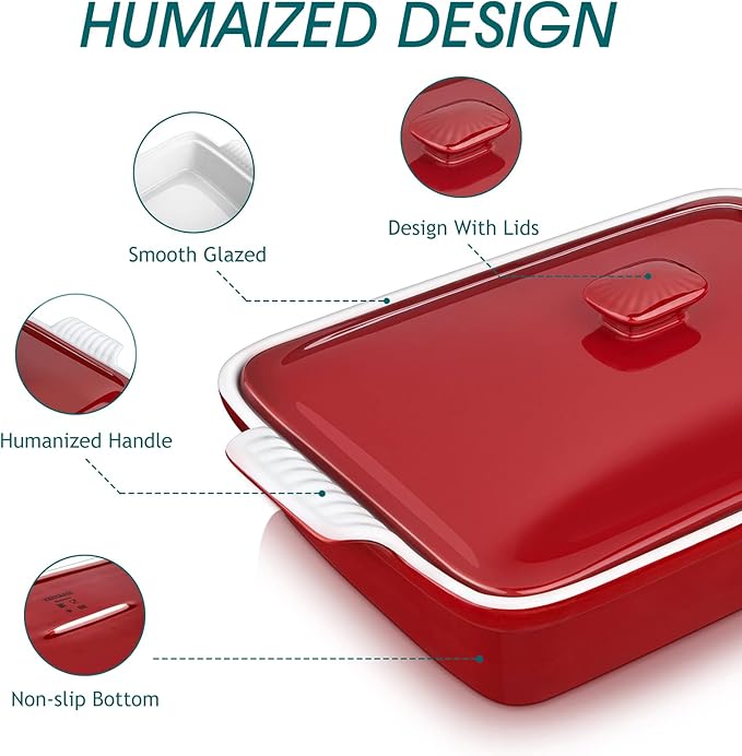 vancasso Blossom Casserole Dish With Lid, 1.9 Quart Casserole Dish for Oven, 12x7 Baking Pan with Handles, Casserole Baking Dish Lasagna Pan with Lid, Microwave, Dishwasher Safe, Red