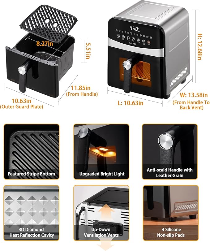 Stainless Steel Air Fryer Ceramic 12 in 1, Dual-Blazes in Steel Housing, 6QT 2-3 Servings Visible 8.27" Basket with Teflon-Free Premium Coating, 1700W, DAYBEST Dishwasher Safe Kits (Stainless Steel)