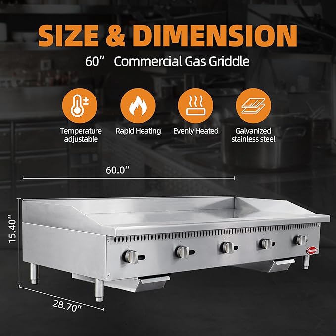 60" Commercial Countertop Griddle, 5 Burners Gas Griddle, 150000 BTU Output, Stainless Steel Flat Top Grill Hot Plate with Natural Gas and Propane Conversion Kit for Restaurant, Food Truck