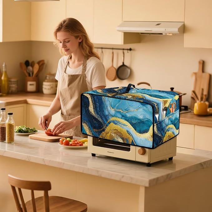 Marble Print Toaster Oven Dust Cover for Kitchen Counter, Heavy Duty Heat-resistant Microwave Oven Protective Cover Air Fryer Covers, Blue & Gold (Large-18.5 * 22.5 * 12.99 inches)