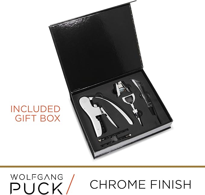 Wolfgang Puck 6-Piece Wine Tool Set with Wine Opener, Aerator, Wine Stopper, and Champagne Recorker, 2 Replacement Corkscrews, Chrome Finish, Arrives in Gift Box