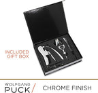 Wolfgang Puck 6-Piece Wine Tool Set with Wine Opener, Aerator, Wine Stopper, and Champagne Recorker, 2 Replacement Corkscrews, Chrome Finish, Arrives in Gift Box